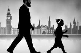 Un uomo e un bambino camminano per strada sullo sfondo di Londra. E' una descrizione per immagini del libro Aria di famiglia di Alessandro Piperno