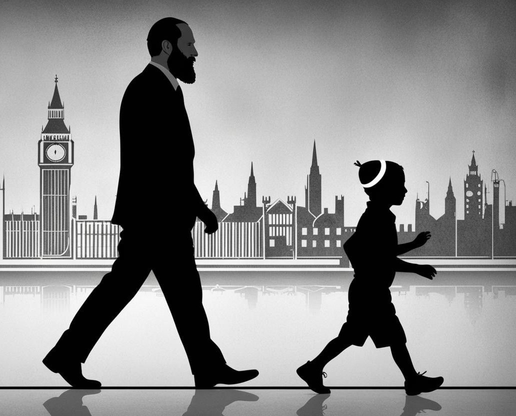 Un uomo e un bambino camminano per strada sullo sfondo di Londra. E' una descrizione per immagini del libro Aria di famiglia di Alessandro Piperno